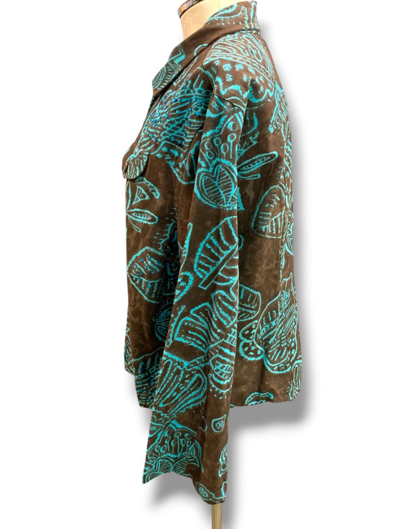 Size 1X Gaudy Couture Womens Brown Turquoise Embellished Jacket Cotton