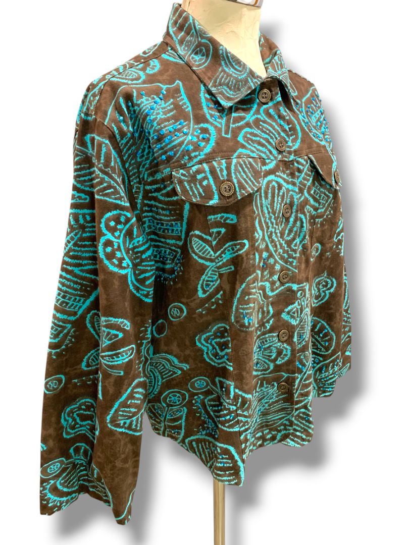 Size 1X Gaudy Couture Womens Brown Turquoise Embellished Jacket Cotton