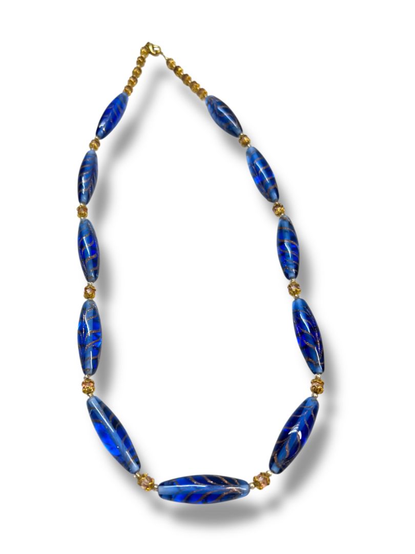 Vintage Oblong Glass Beaded Necklace Goldtone Spacers 21" Lobster Clasp