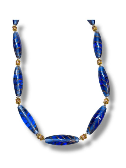 Vintage Oblong Glass Beaded Necklace Goldtone Spacers 21" Lobster Clasp