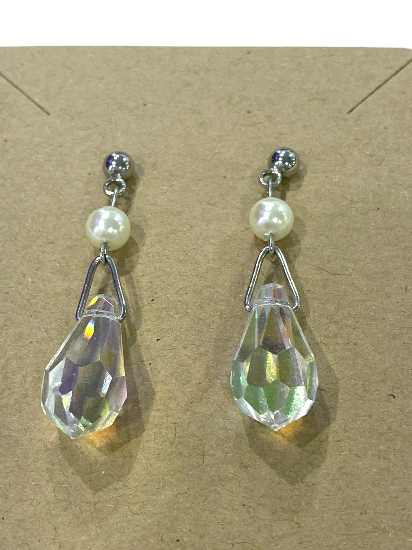 Aurora Borealis Teardrop Faux Pearl Silvertone Stud Pierced Earrings