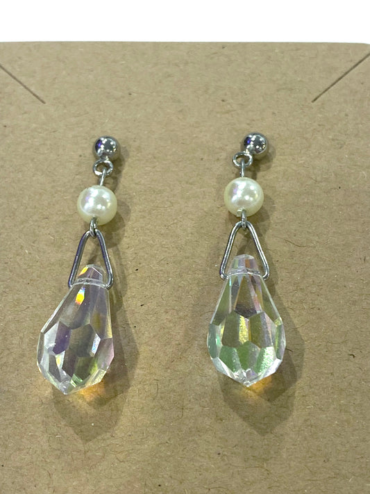 Aurora Borealis Teardrop Faux Pearl Silvertone Stud Pierced Earrings