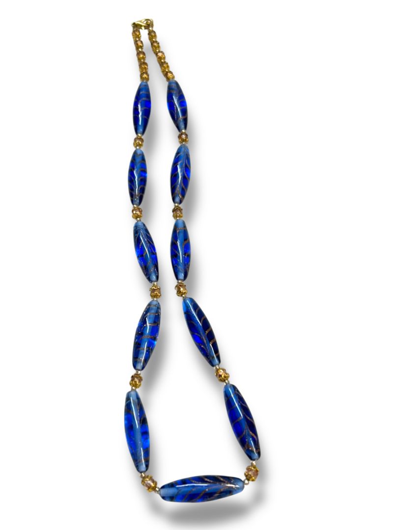 Vintage Oblong Glass Beaded Necklace Goldtone Spacers 21" Lobster Clasp