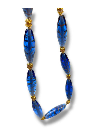 Vintage Oblong Glass Beaded Necklace Goldtone Spacers 21" Lobster Clasp