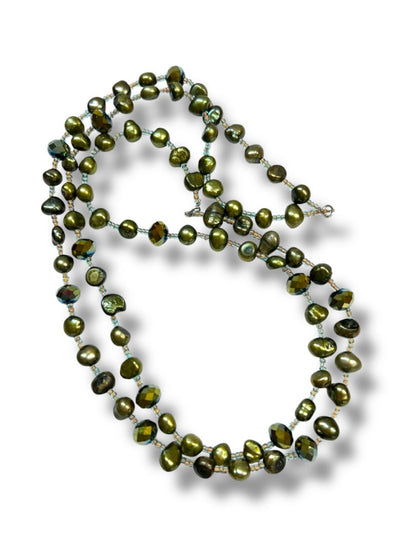 Vintage Beaded Necklace Avocado Green Beaded Clear Spacers 38" Overhead