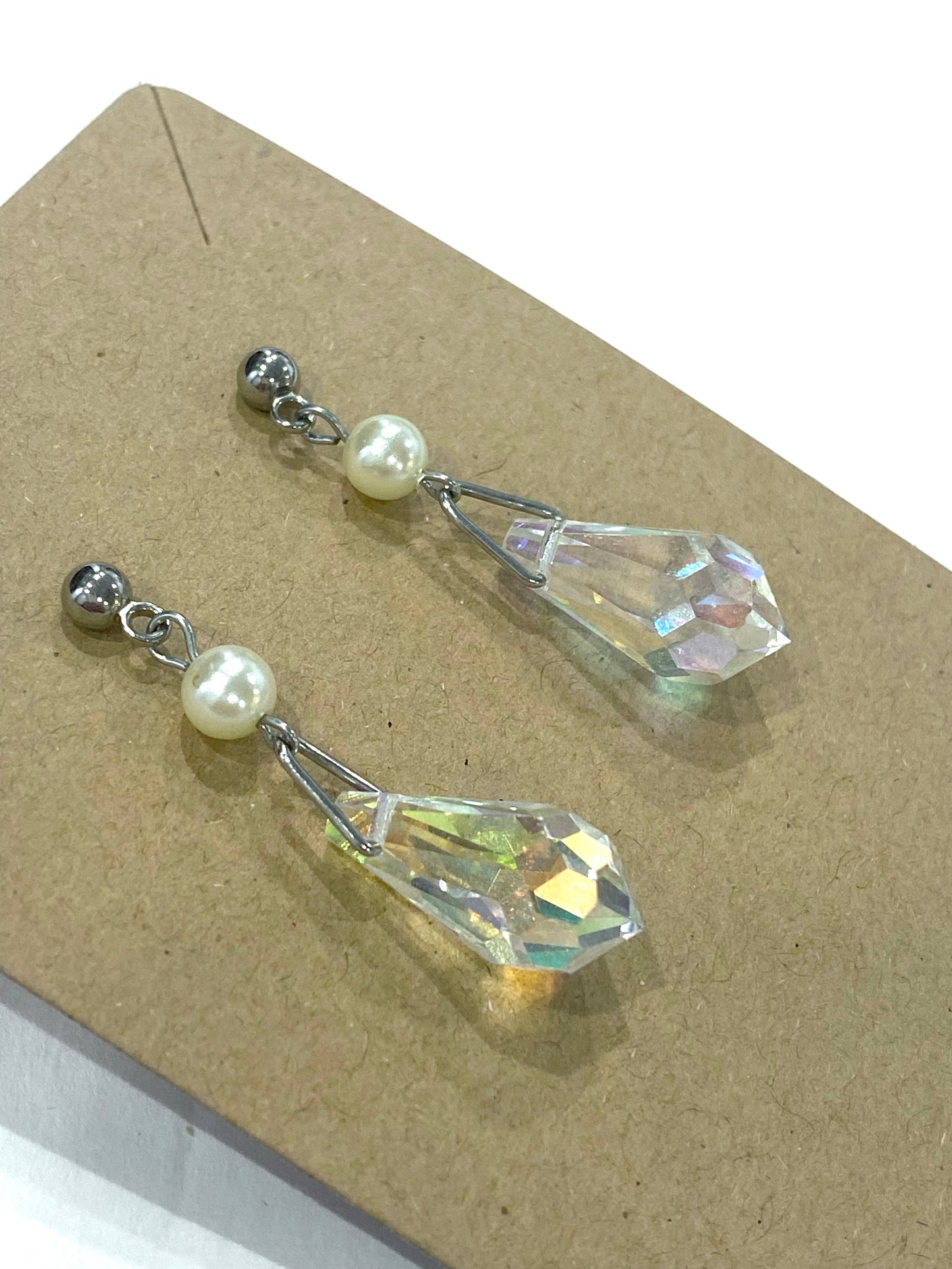 Aurora Borealis Teardrop Faux Pearl Silvertone Stud Pierced Earrings