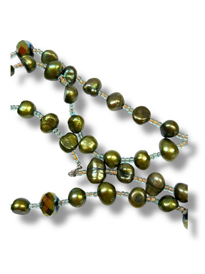 Vintage Beaded Necklace Avocado Green Beaded Clear Spacers 38" Overhead