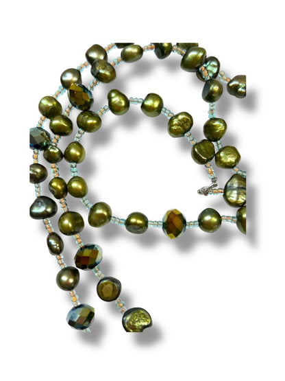 Vintage Beaded Necklace Avocado Green Beaded Clear Spacers 38" Overhead