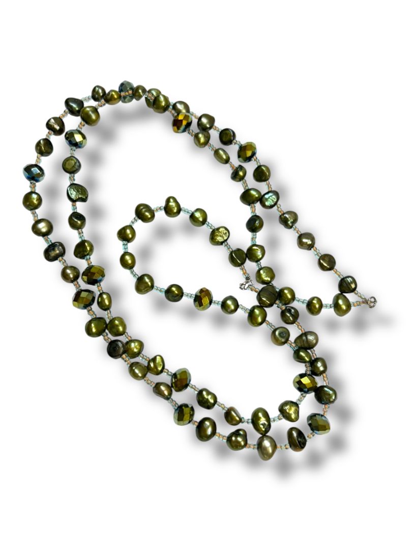 Vintage Beaded Necklace Avocado Green Beaded Clear Spacers 38" Overhead