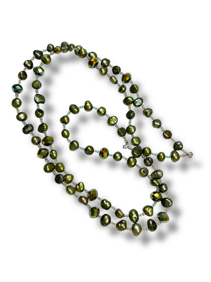 Vintage Beaded Necklace Avocado Green Beaded Clear Spacers 38" Overhead