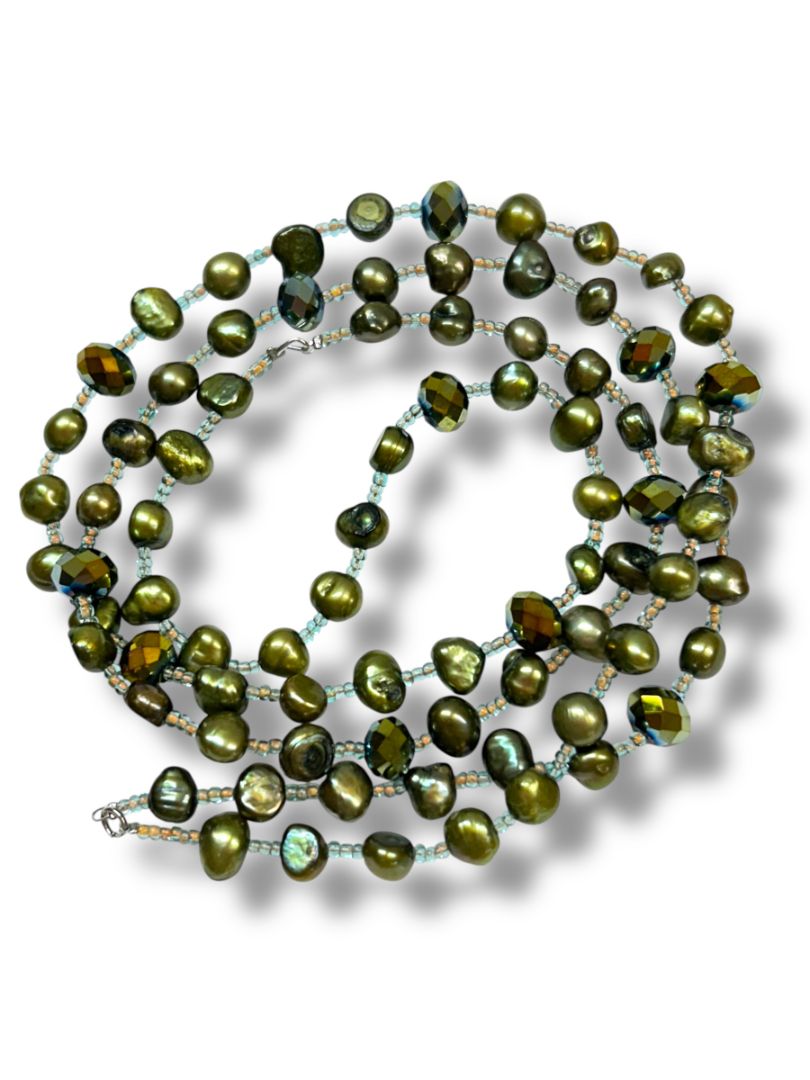Vintage Beaded Necklace Avocado Green Beaded Clear Spacers 38" Overhead