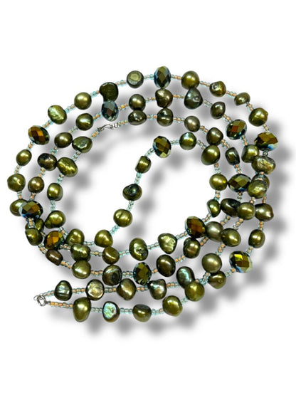 Vintage Beaded Necklace Avocado Green Beaded Clear Spacers 38" Overhead