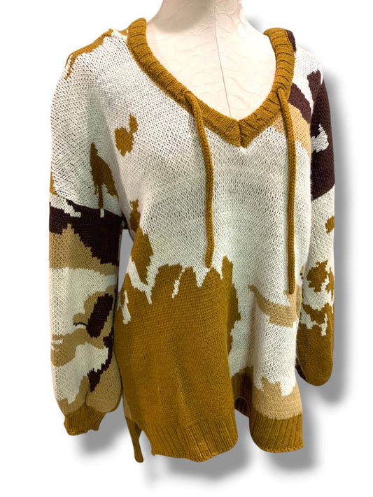 Large POL Womens Brown Pattern Hooded Sweater Loose Fit Boho