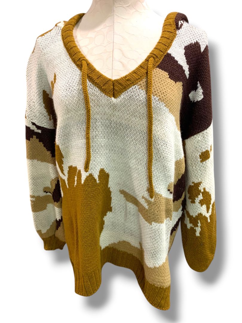 Large POL Womens Brown Pattern Hooded Sweater Loose Fit Boho