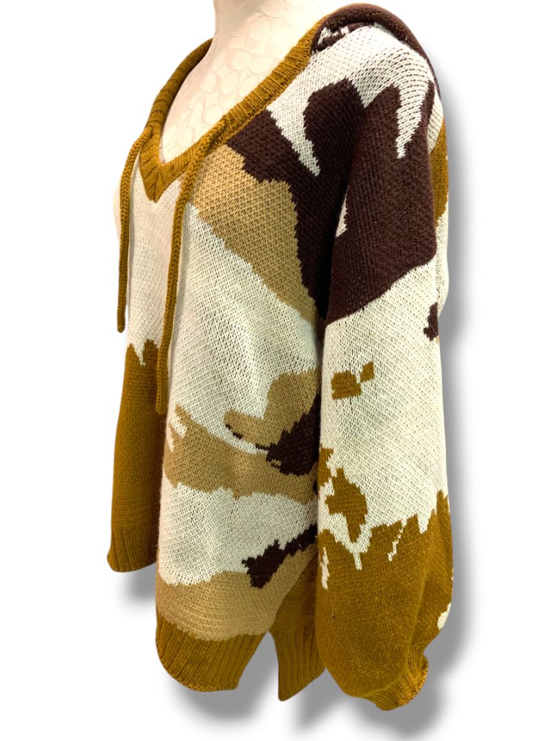 Large POL Womens Brown Pattern Hooded Sweater Loose Fit Boho