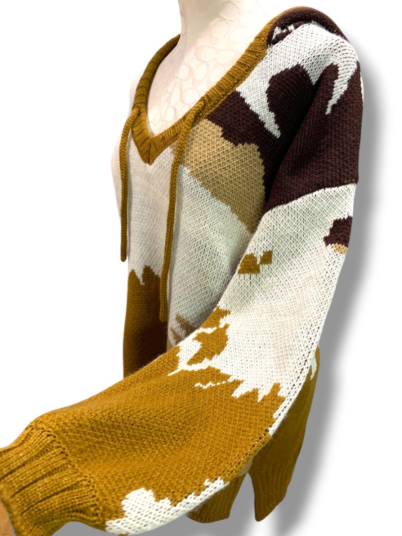 Large POL Womens Brown Pattern Hooded Sweater Loose Fit Boho