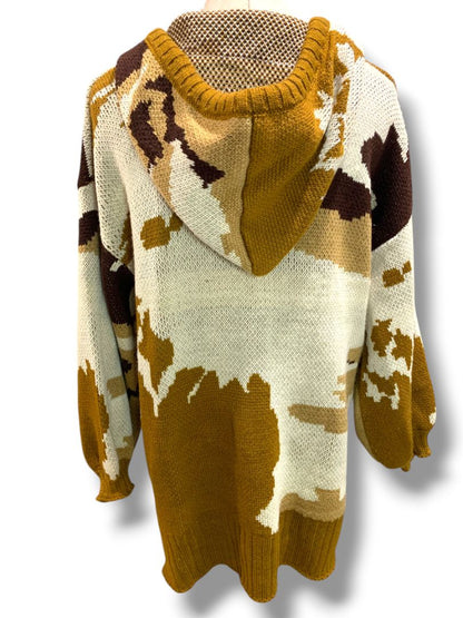 Large POL Womens Brown Pattern Hooded Sweater Loose Fit Boho