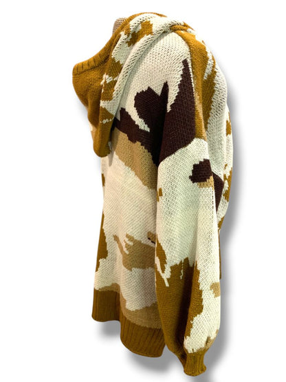 Large POL Womens Brown Pattern Hooded Sweater Loose Fit Boho