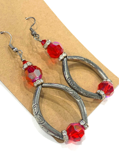 Silvertone Red Rhinestone Heavy Metal Large Dangle Pierced Earrings