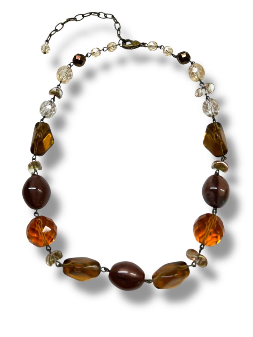 Chunky Amber Color Beaded Necklace 16-18" Brass Color Links Lobster Clasp
