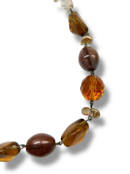 Chunky Amber Color Beaded Necklace 16-18" Brass Color Links Lobster Clasp