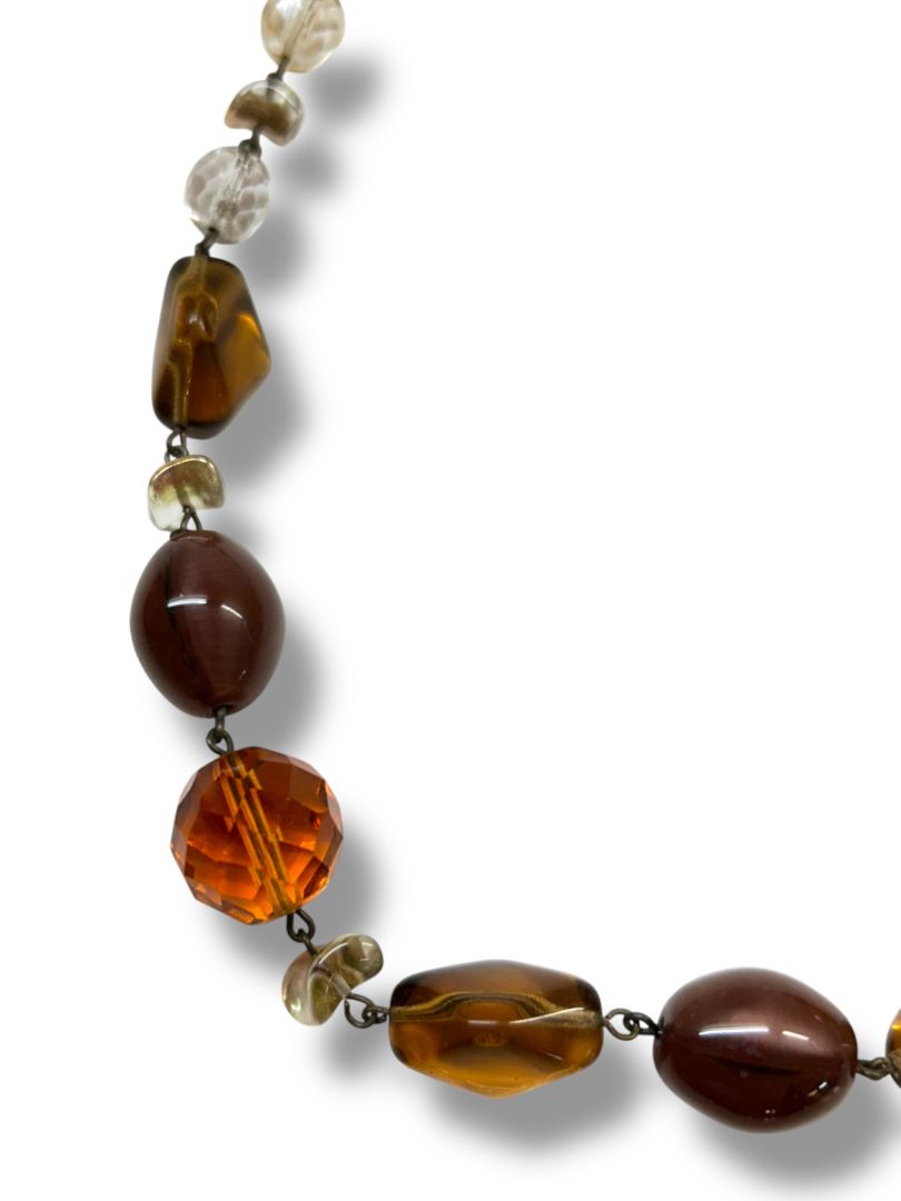 Chunky Amber Color Beaded Necklace 16-18" Brass Color Links Lobster Clasp