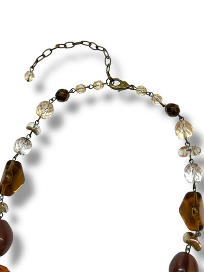 Chunky Amber Color Beaded Necklace 16-18" Brass Color Links Lobster Clasp