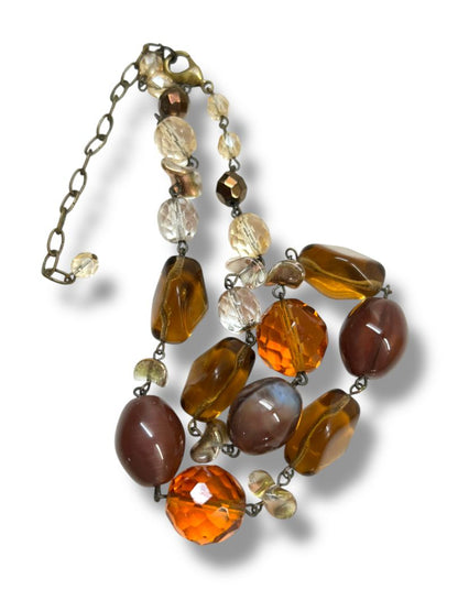 Chunky Amber Color Beaded Necklace 16-18" Brass Color Links Lobster Clasp