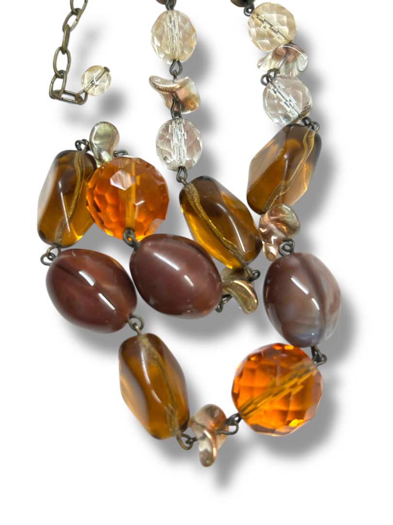Chunky Amber Color Beaded Necklace 16-18" Brass Color Links Lobster Clasp