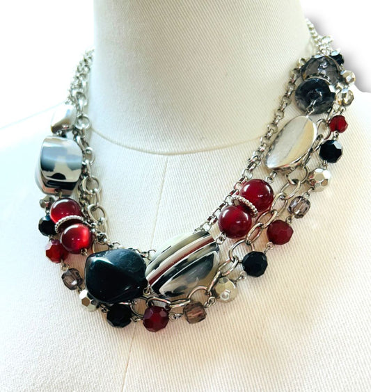 Silvertone Red Black Chunky Statement Necklace 19-22"