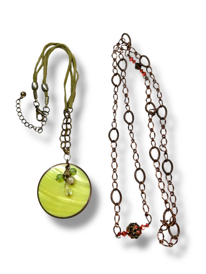 Lot of 2 Necklaces Green Shell Pendant 22" Brass Color Coral 17"