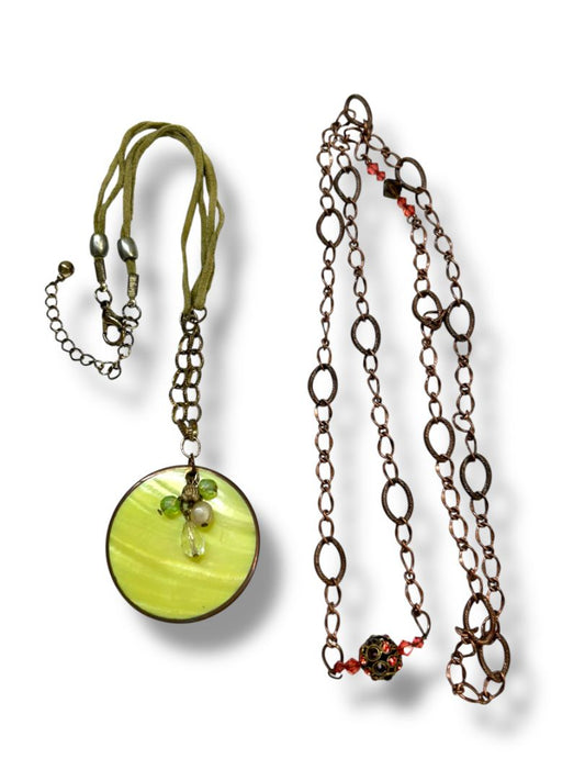 Lot of 2 Necklaces Green Shell Pendant 22" Brass Color Coral 17"