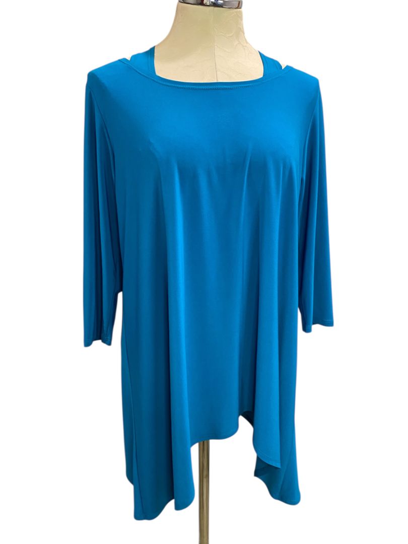 Large Clara Sun Woo Womens Teal Tunic Top Made in USA 3/4 Sleeve