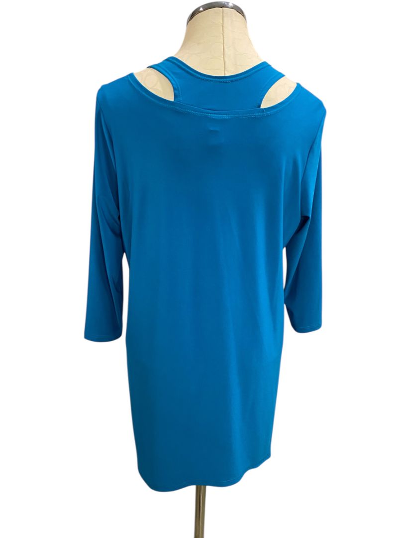 Large Clara Sun Woo Womens Teal Tunic Top Made in USA 3/4 Sleeve