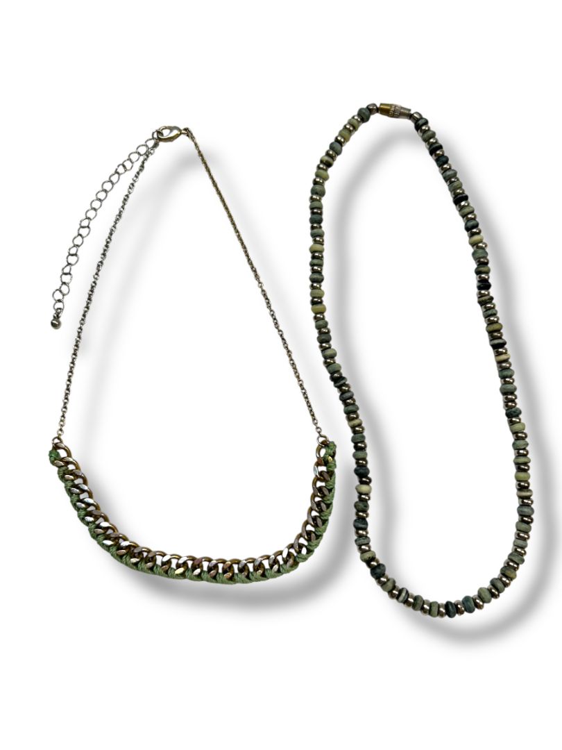 Lot of 2 Necklaces Blue Green Beaded String Woven Chain 16-19"
