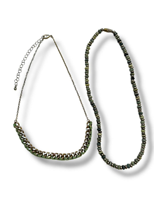 Lot of 2 Necklaces Blue Green Beaded String Woven Chain 16-19"