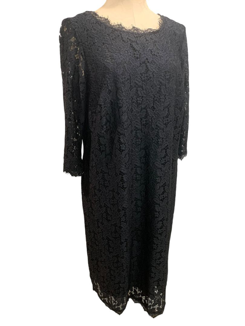 Size 18W Roamans Black Stretch Lace Overlay Dress 3/4 Unlined Sleeve
