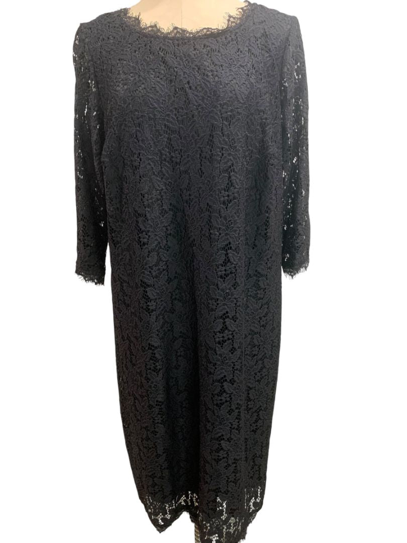 Size 18W Roamans Black Stretch Lace Overlay Dress 3/4 Unlined Sleeve