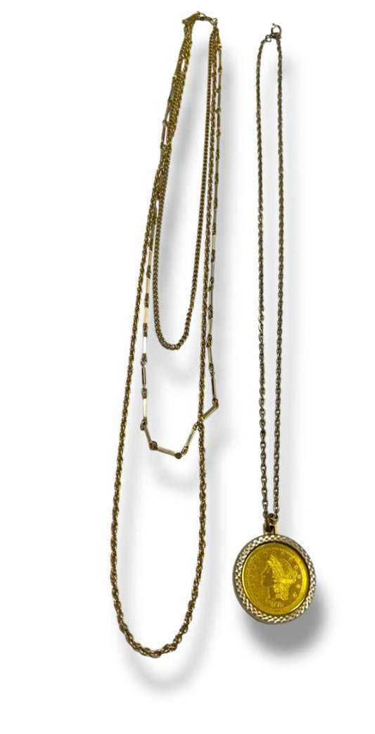 Lot of 2 Vintage Goldtone Necklaces Coin Medallion 24" Tiered Chains 19"
