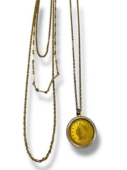 Lot of 2 Vintage Goldtone Necklaces Coin Medallion 24" Tiered Chains 19"