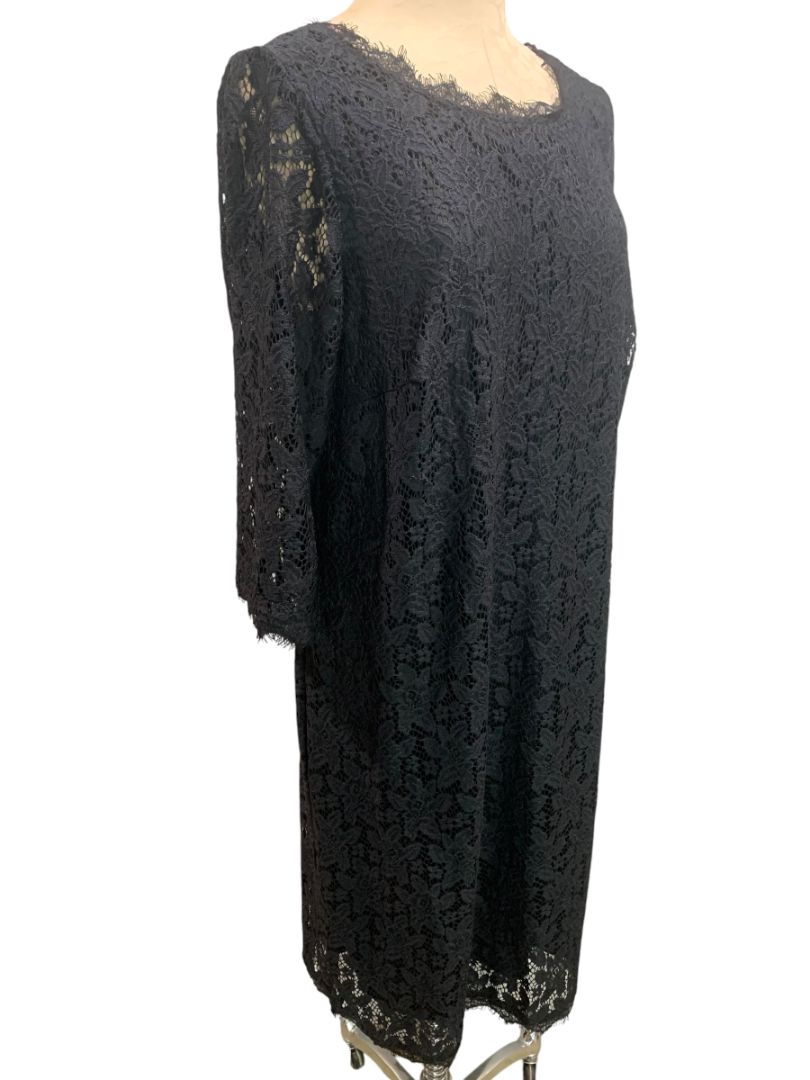 Size 18W Roamans Black Stretch Lace Overlay Dress 3/4 Unlined Sleeve