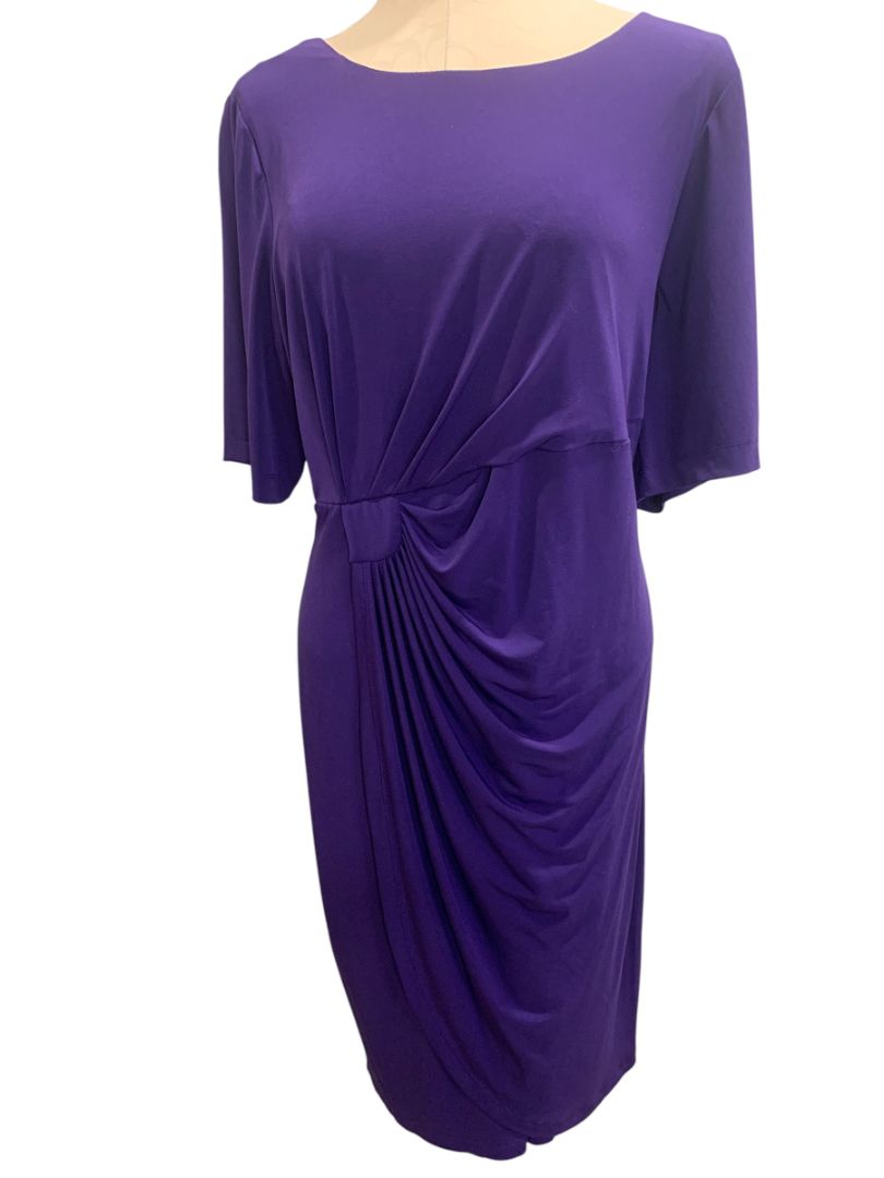 Size 16 Dressbarn Purple Stretch Dress Ruched Waist Short Sleeve