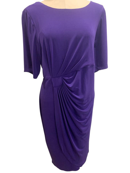 Size 16 Dressbarn Purple Stretch Dress Ruched Waist Short Sleeve