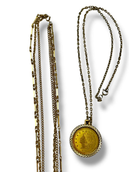 Lot of 2 Vintage Goldtone Necklaces Coin Medallion 24" Tiered Chains 19"