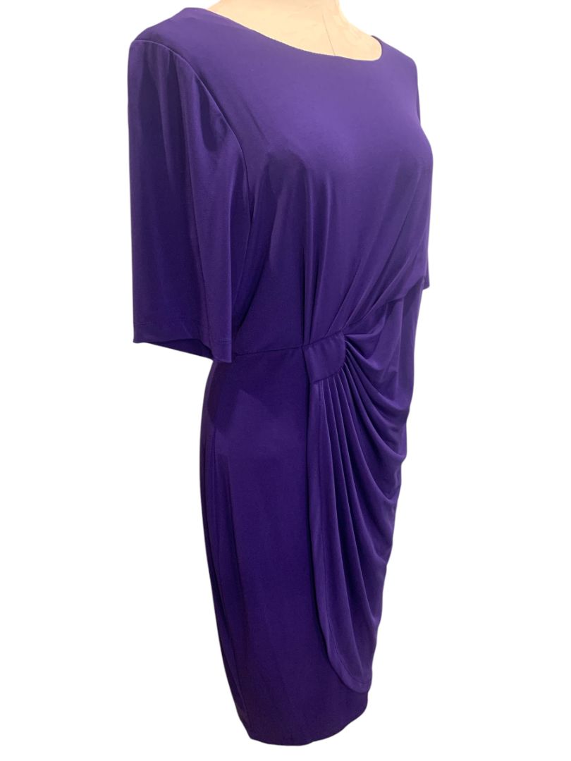 Size 16 Dressbarn Purple Stretch Dress Ruched Waist Short Sleeve