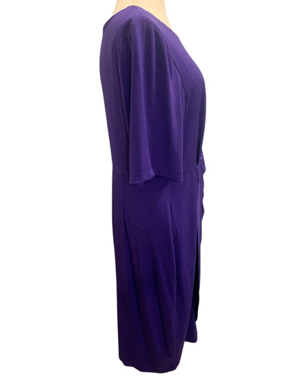 Size 16 Dressbarn Purple Stretch Dress Ruched Waist Short Sleeve