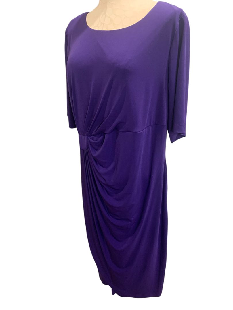 Size 16 Dressbarn Purple Stretch Dress Ruched Waist Short Sleeve