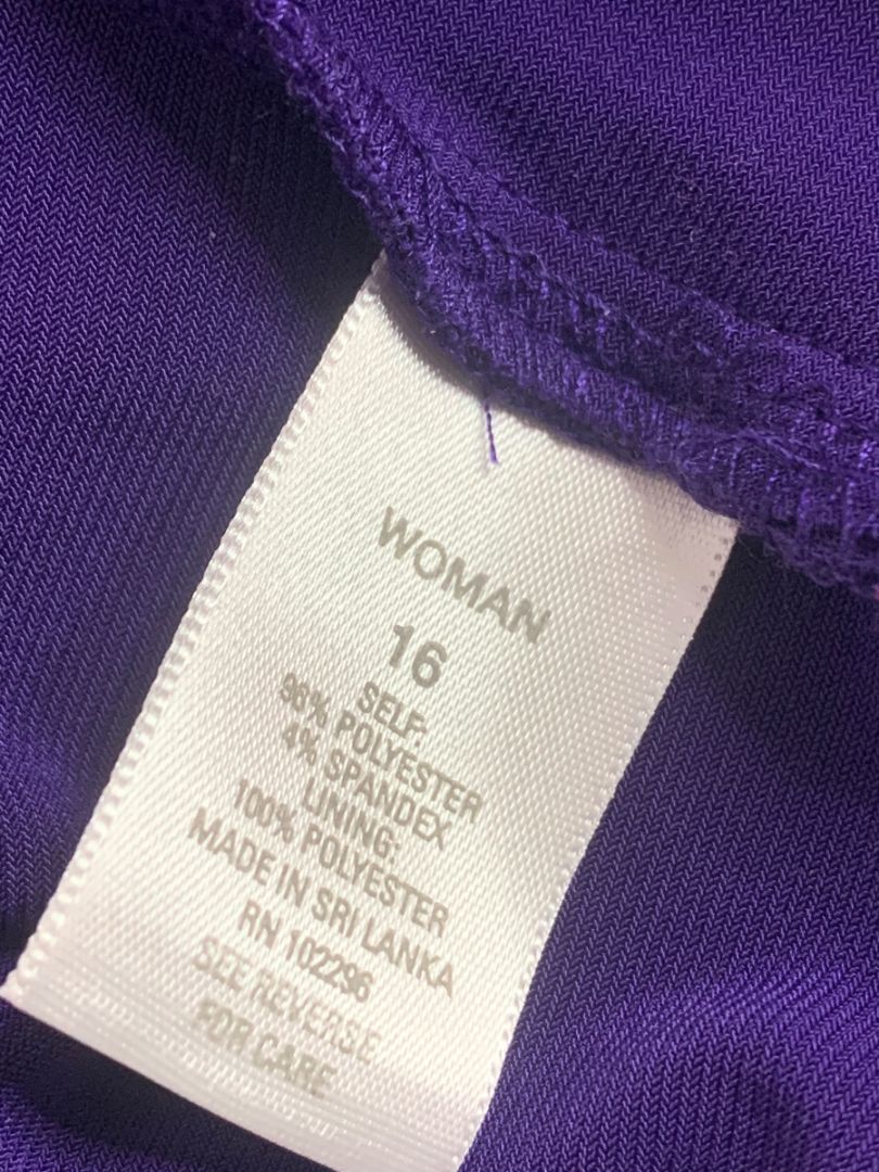 Size 16 Dressbarn Purple Stretch Dress Ruched Waist Short Sleeve
