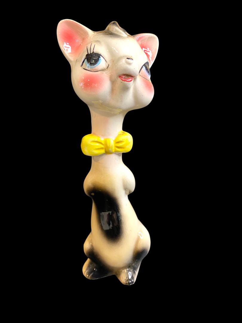 Midcentury Kitsch Cat Figurine Japan Ceramic Yellow Tie 7"