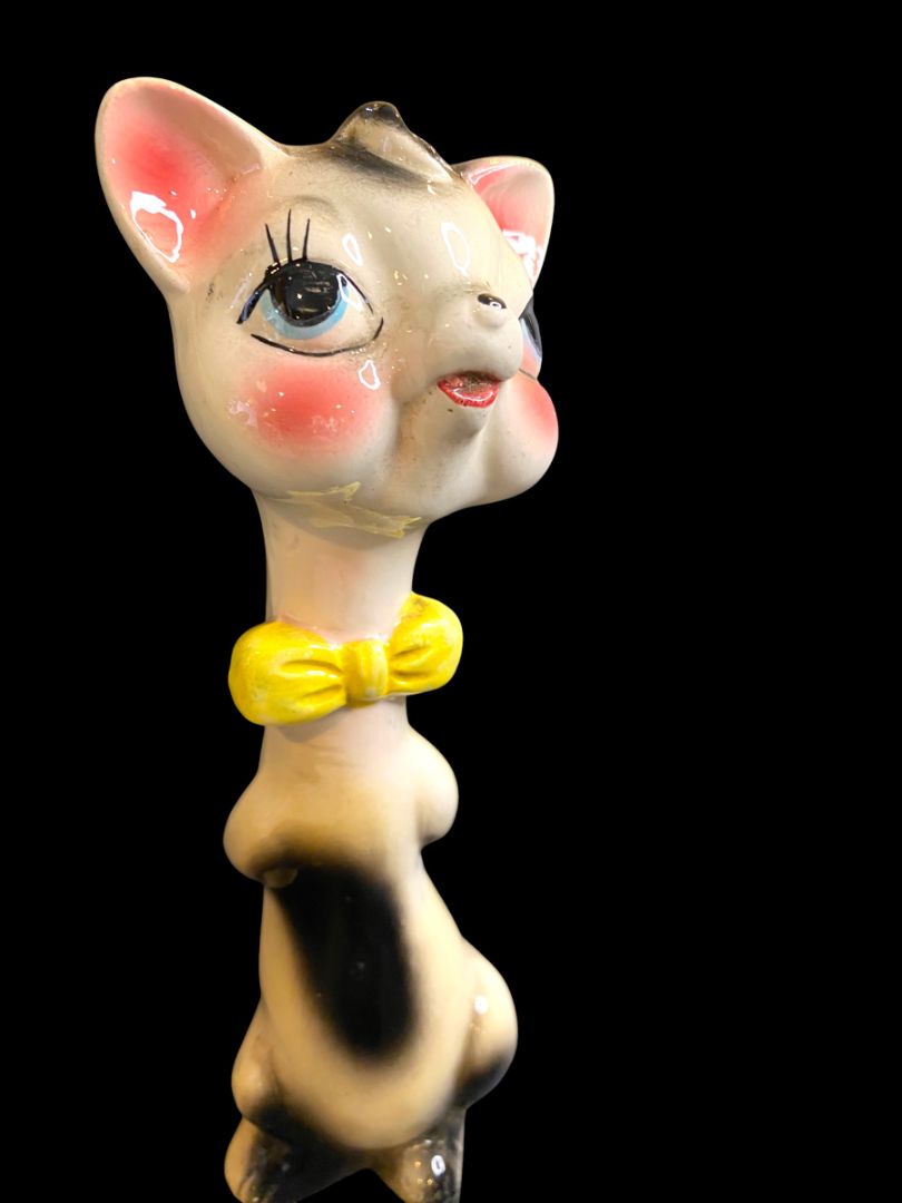 Midcentury Kitsch Cat Figurine Japan Ceramic Yellow Tie 7"